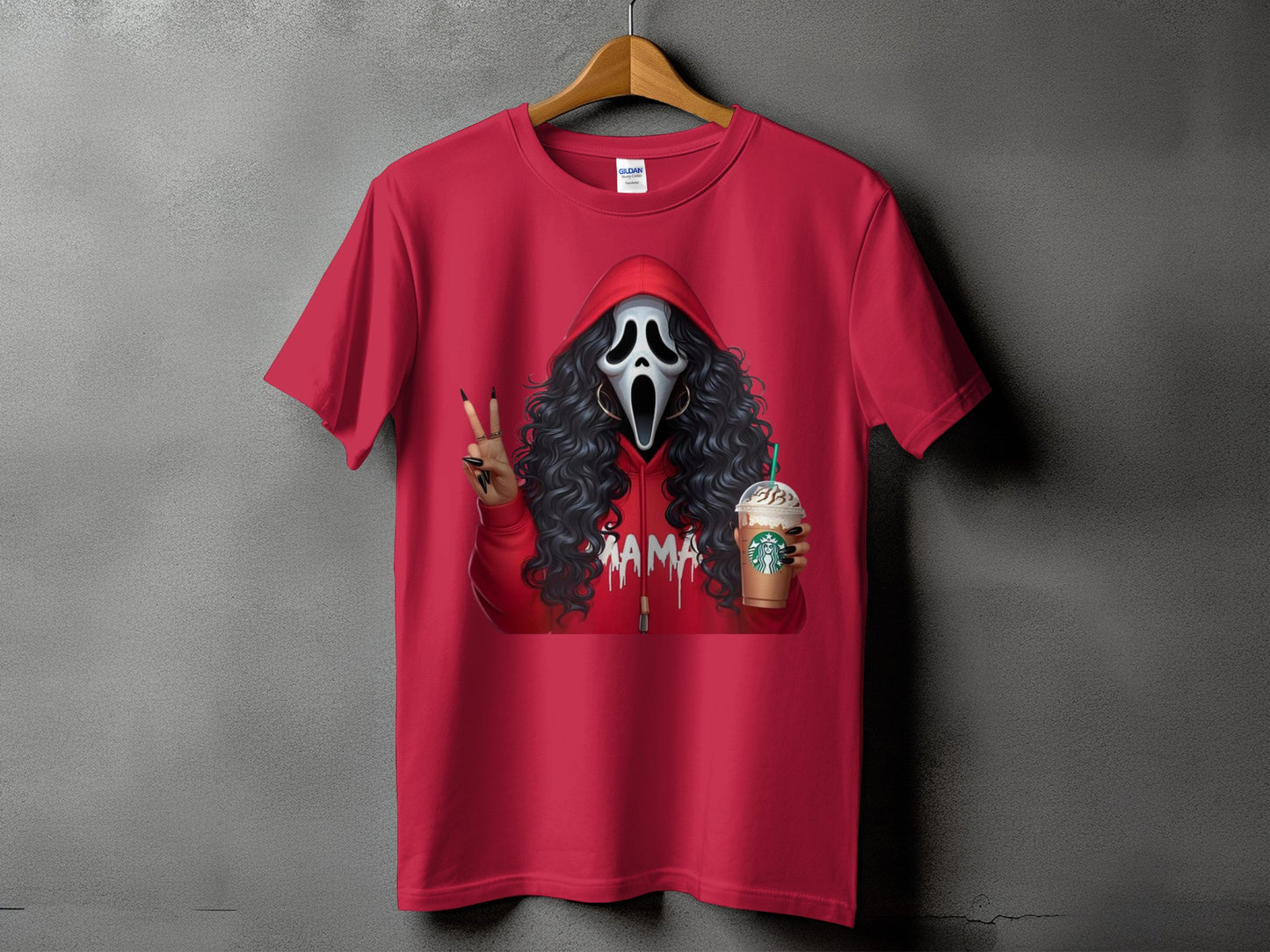 Red t-shirt with Ghostface mask character holding Starbucks drink and making peace sign.