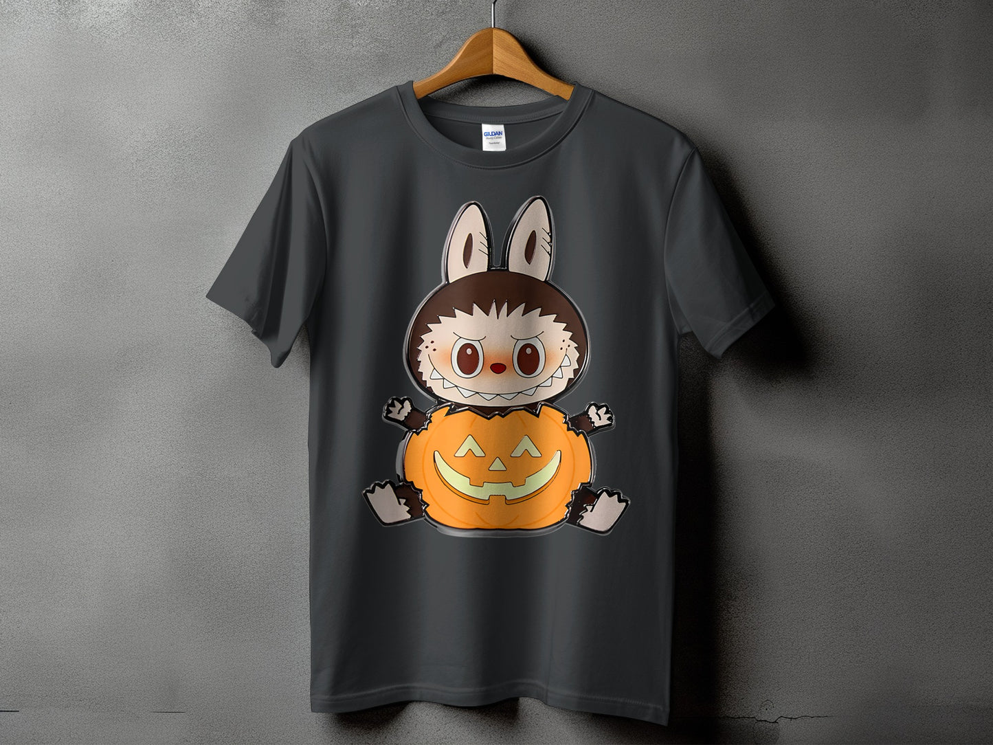 Dark grey t-shirt with a cartoon bunny character sitting inside a jack-o'-lantern.
