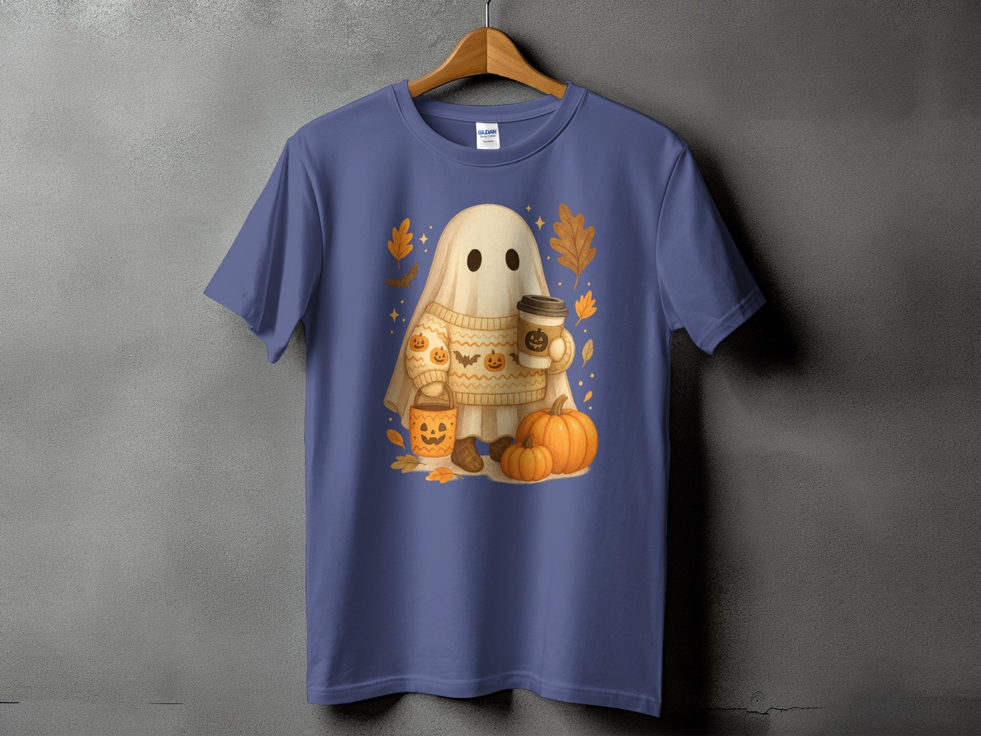 Ghost with pumpkins and coffee on a sweater, surrounded by autumn leaves.