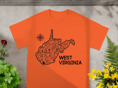 West Virginia Map Design Orange T-Shirt for Travel Lovers