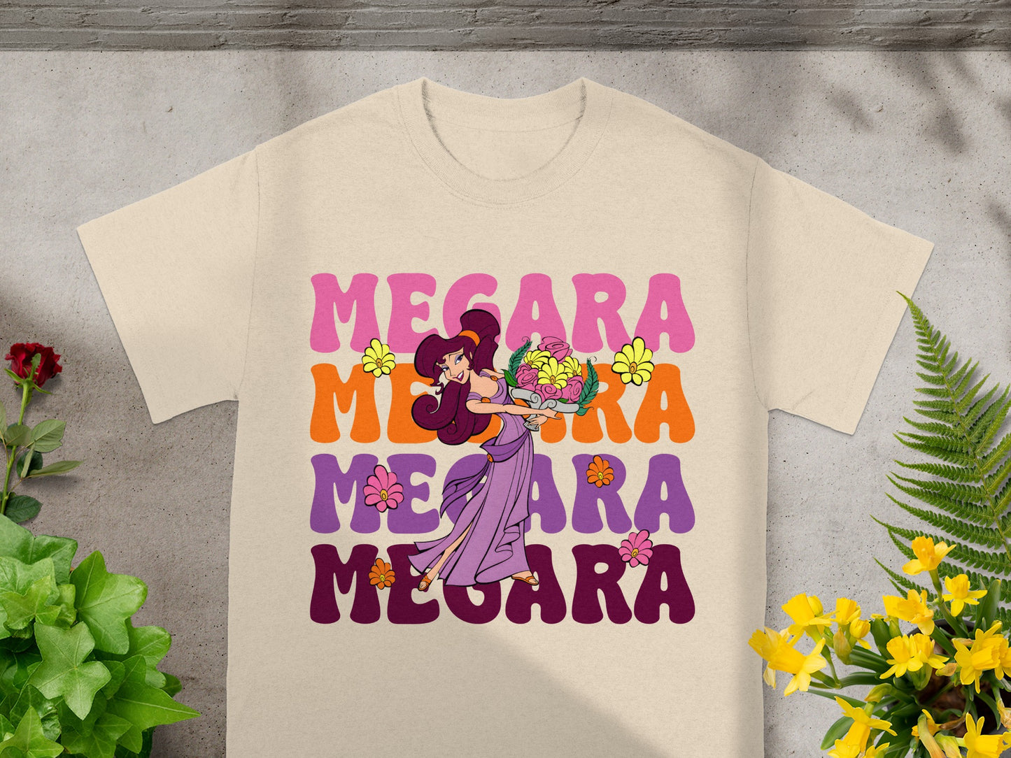 Megara in a purple dress holding flowers with colorful text.