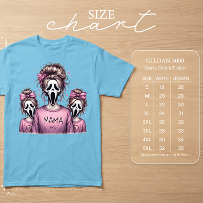 Light blue t-shirt with "MAMA" and ghost-like faces graphic, includes size chart.
