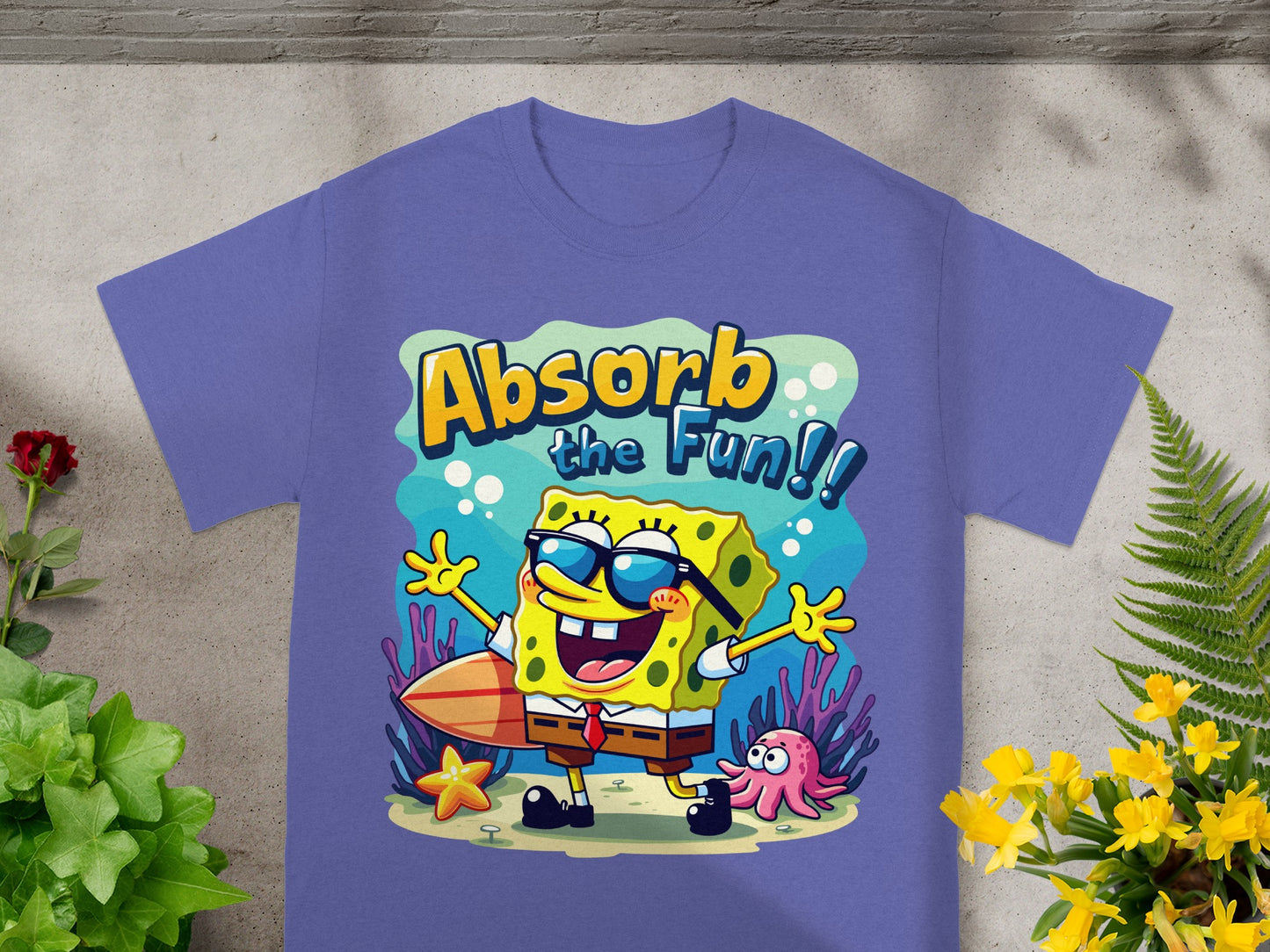 SpongeBob SquarePants wearing sunglasses with surfboard and octopus, text "Absorb the Fun!"