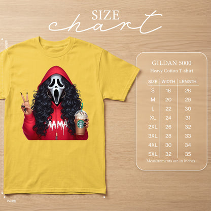 Ghostface "Mama" graphic on yellow Gildan 5000 Heavy Cotton T-shirt with size chart.