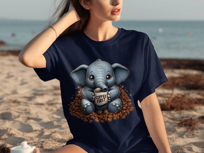 Cute Elephant Coffee First Graphic T-shirt