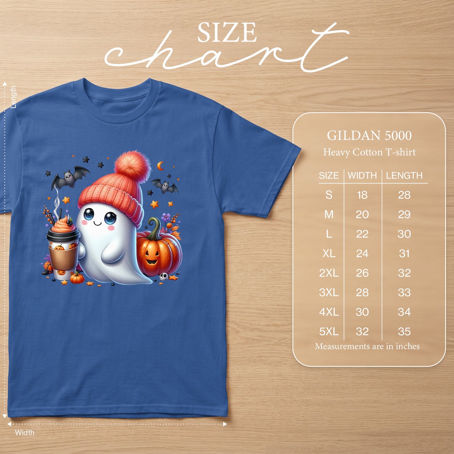 Blue t-shirt with cartoon ghost, pumpkin, coffee, bats, and stars design. Size chart included.