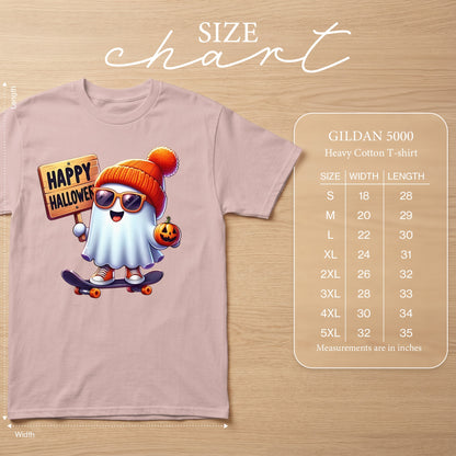 Size chart for Gildan 5000 Heavy Cotton T-shirt with cartoon ghost.
