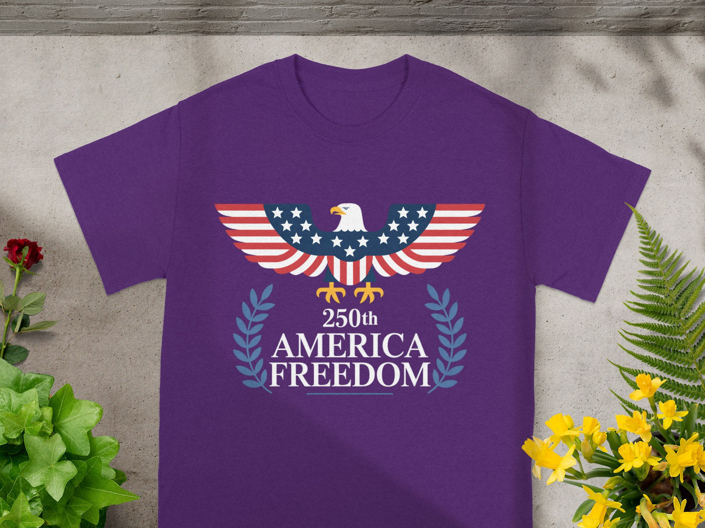 Purple t-shirt with eagle, American flag wings, and "250th America Freedom" text.