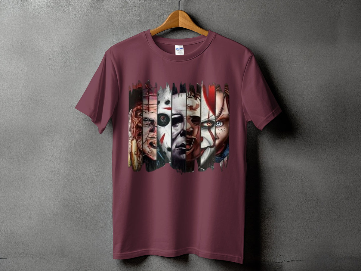 Burgundy t-shirt featuring a collage of horror movie character faces.