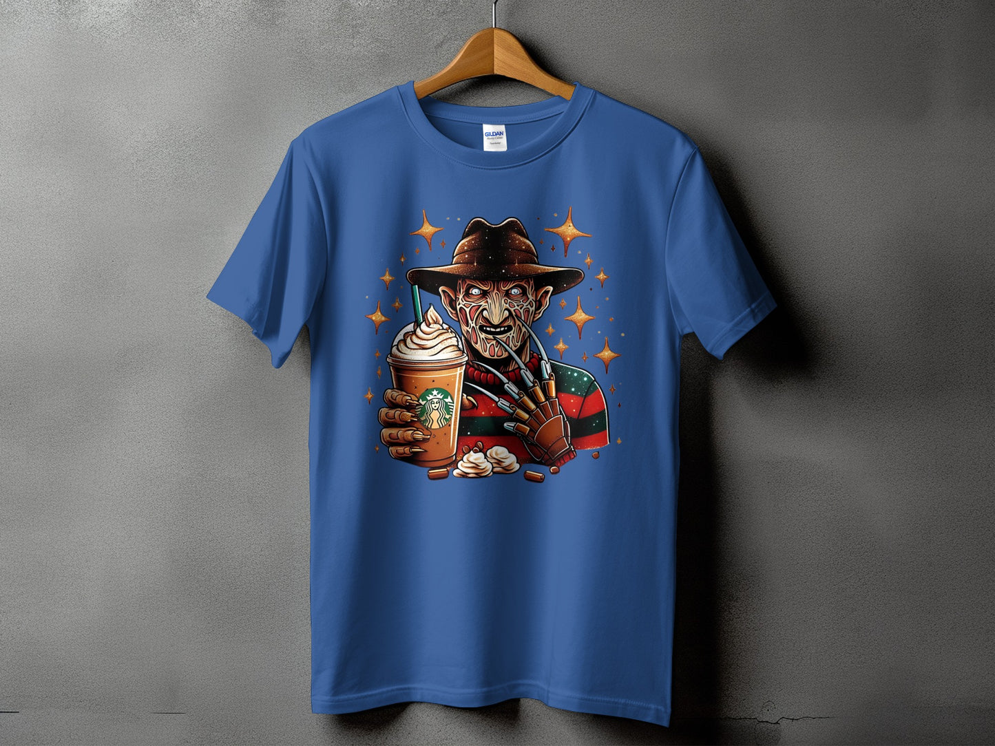 Freddy Krueger holding a Starbucks coffee cup with clawed hand and sparkles.