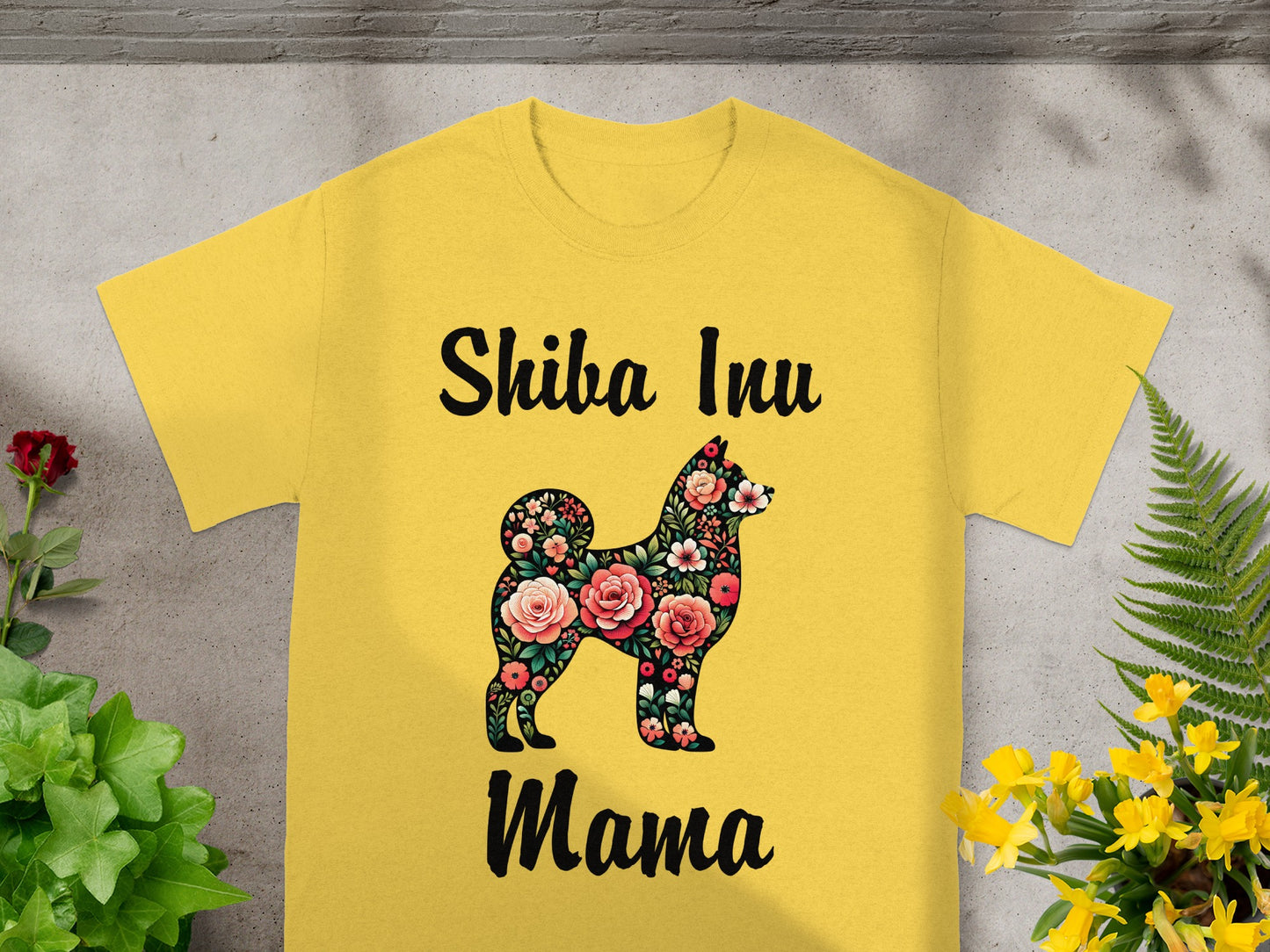 Yellow t-shirt with "Shiba Inu Mama" and floral Shiba Inu silhouette.