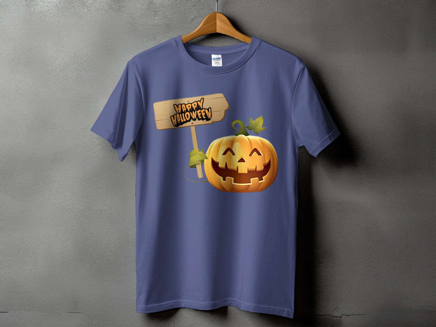 Purple t-shirt featuring a jack-o'-lantern and a "Happy Halloween" sign.