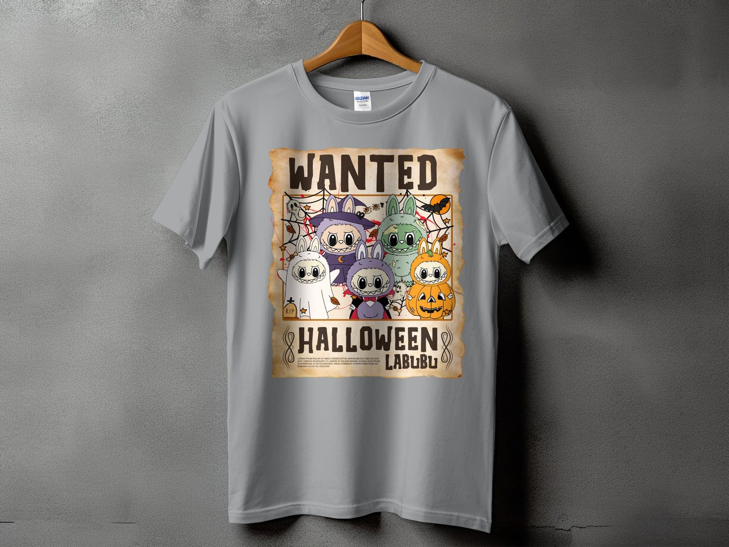 Grey t-shirt with a "Wanted" poster featuring cartoon Halloween characters and "Halloween Labubu" text.