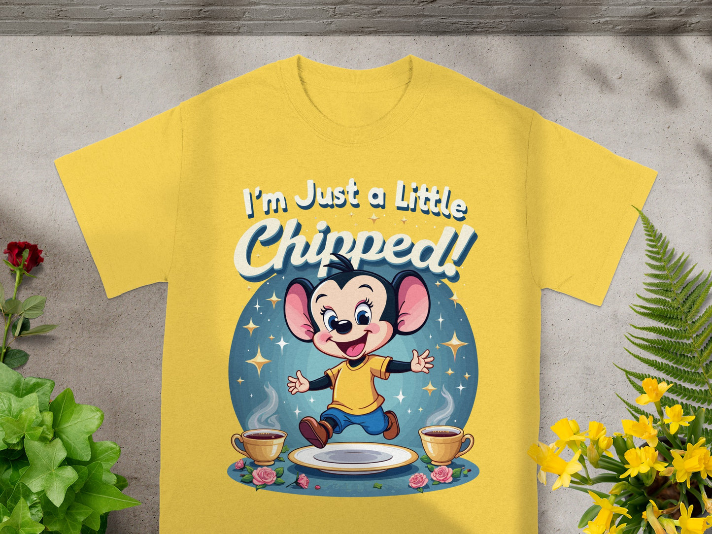 Yellow t-shirt with cartoon mouse and text "I'm Just a Little Chipped!".
