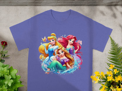 Disney Princesses Ariel, Cinderella, and Rapunzel on a purple t-shirt.