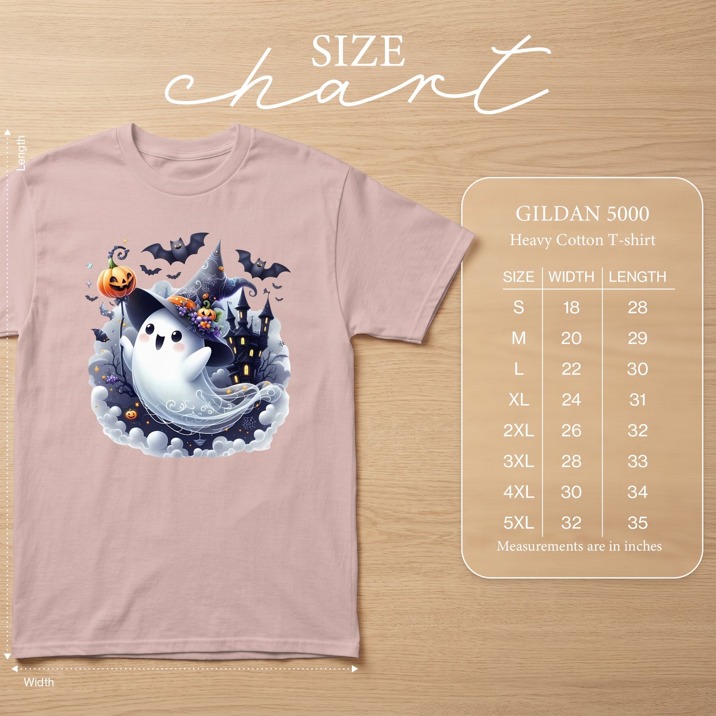 Pink t-shirt with a cute ghost, pumpkin, bats, and haunted castle Halloween graphic.
