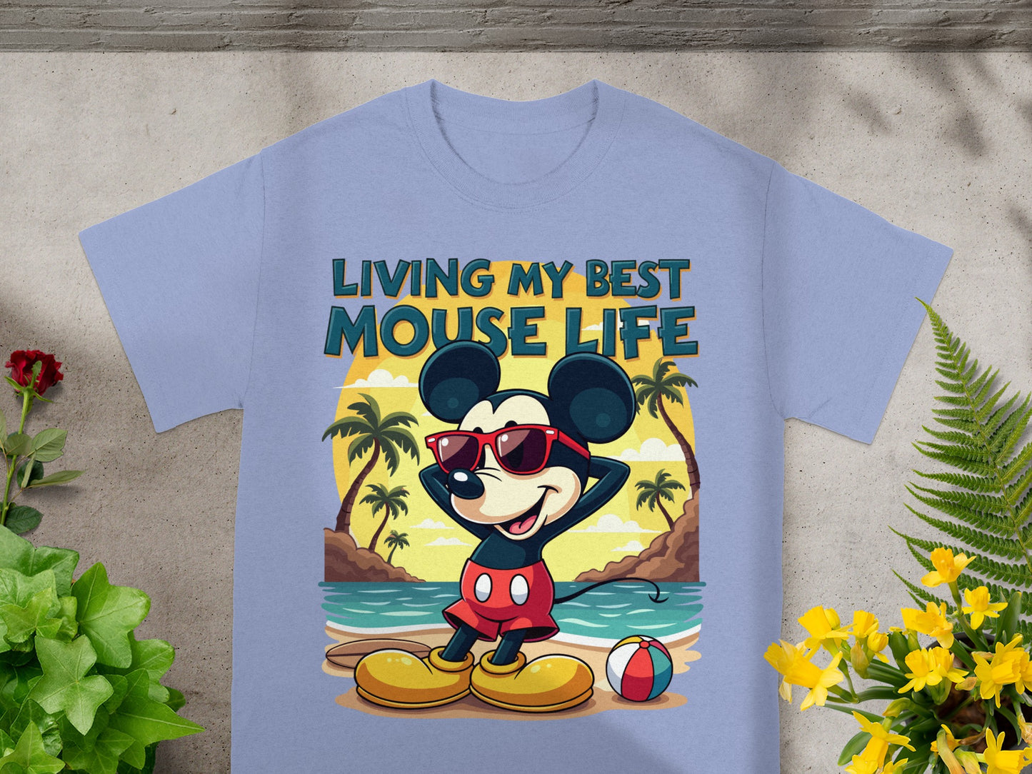 Mickey Mouse on beach with text "Living My Best Mouse Life".