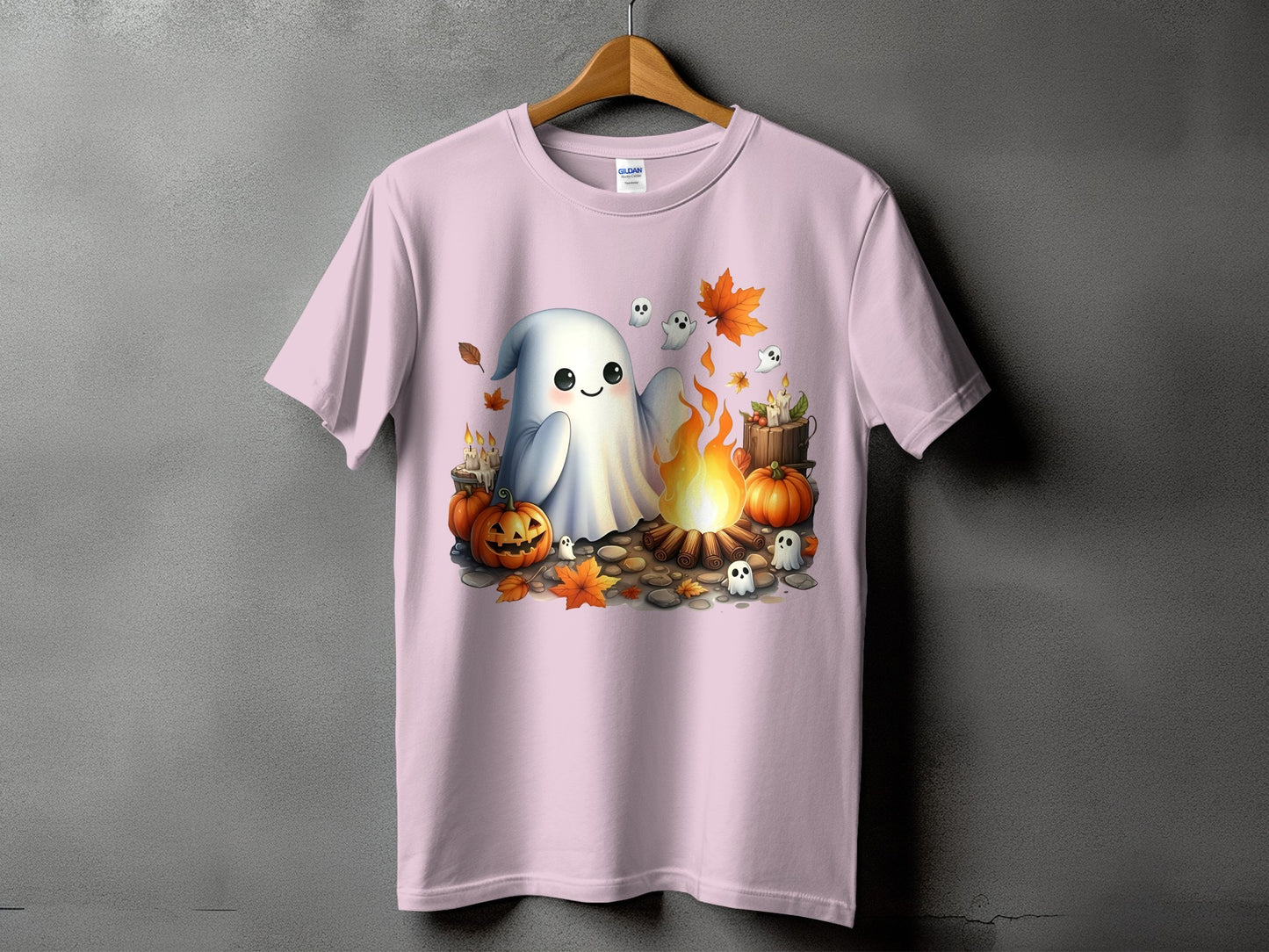 Cute ghost, pumpkins, candles, and leaves around a campfire.