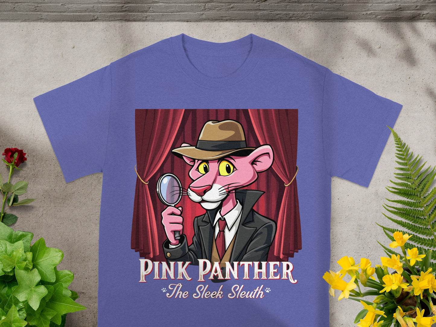 Pink Panther detective in a hat and suit holding a magnifying glass on a t-shirt.