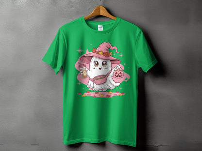 Green t-shirt with a cute ghost in a witch hat holding a boba drink and pumpkin.