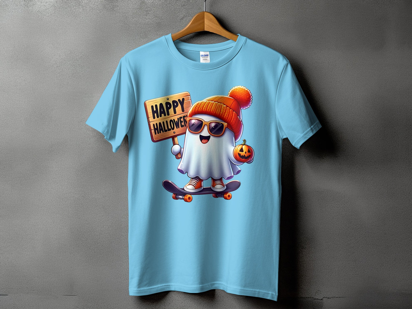 Ghost on skateboard holding "Happy Halloween" sign and pumpkin.