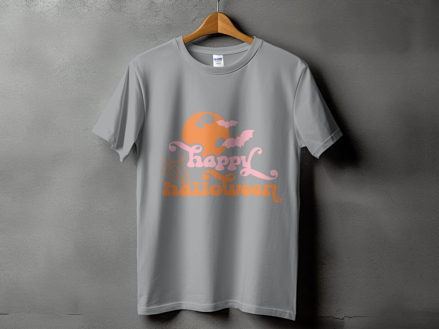 Gray t-shirt with pink and orange "Happy Halloween" graphic and bats.