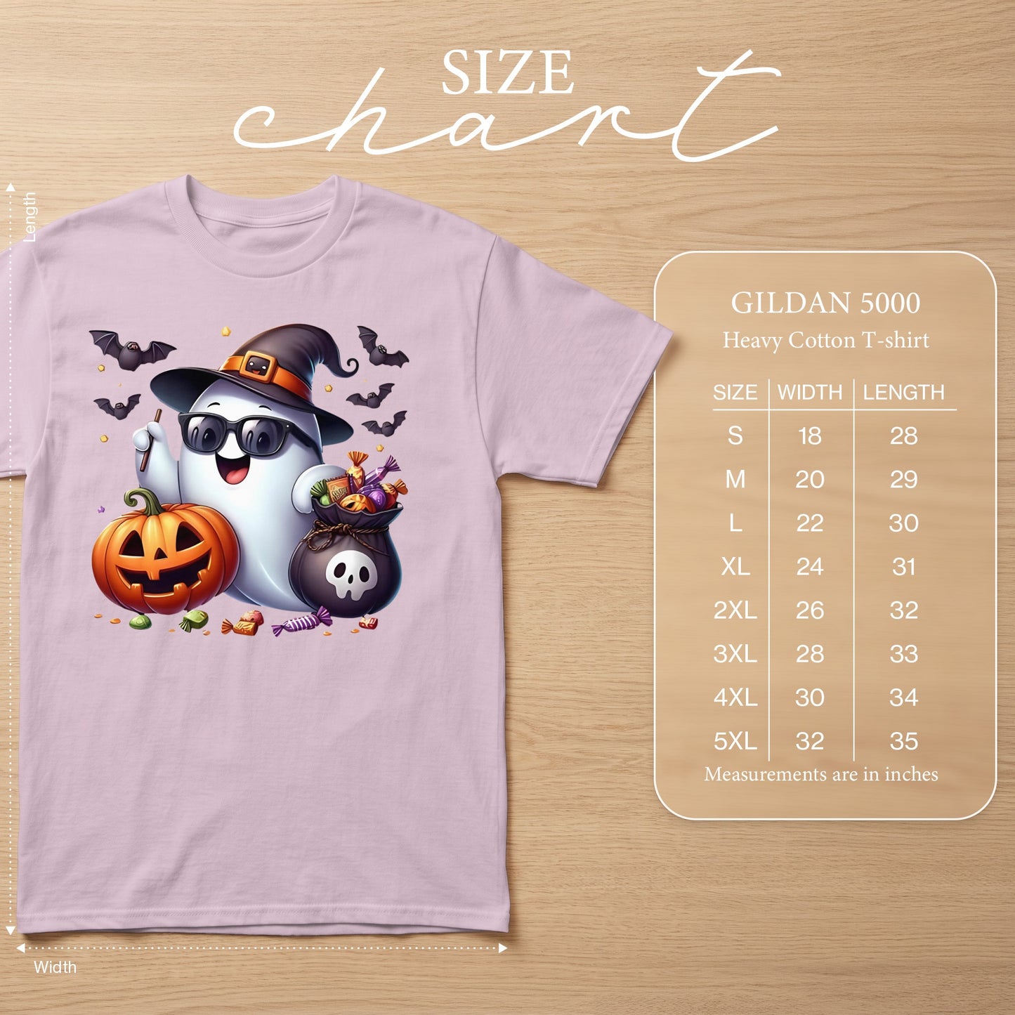 Ghost with witch hat, sunglasses, pumpkin, candy bag, and bats. Size chart included.