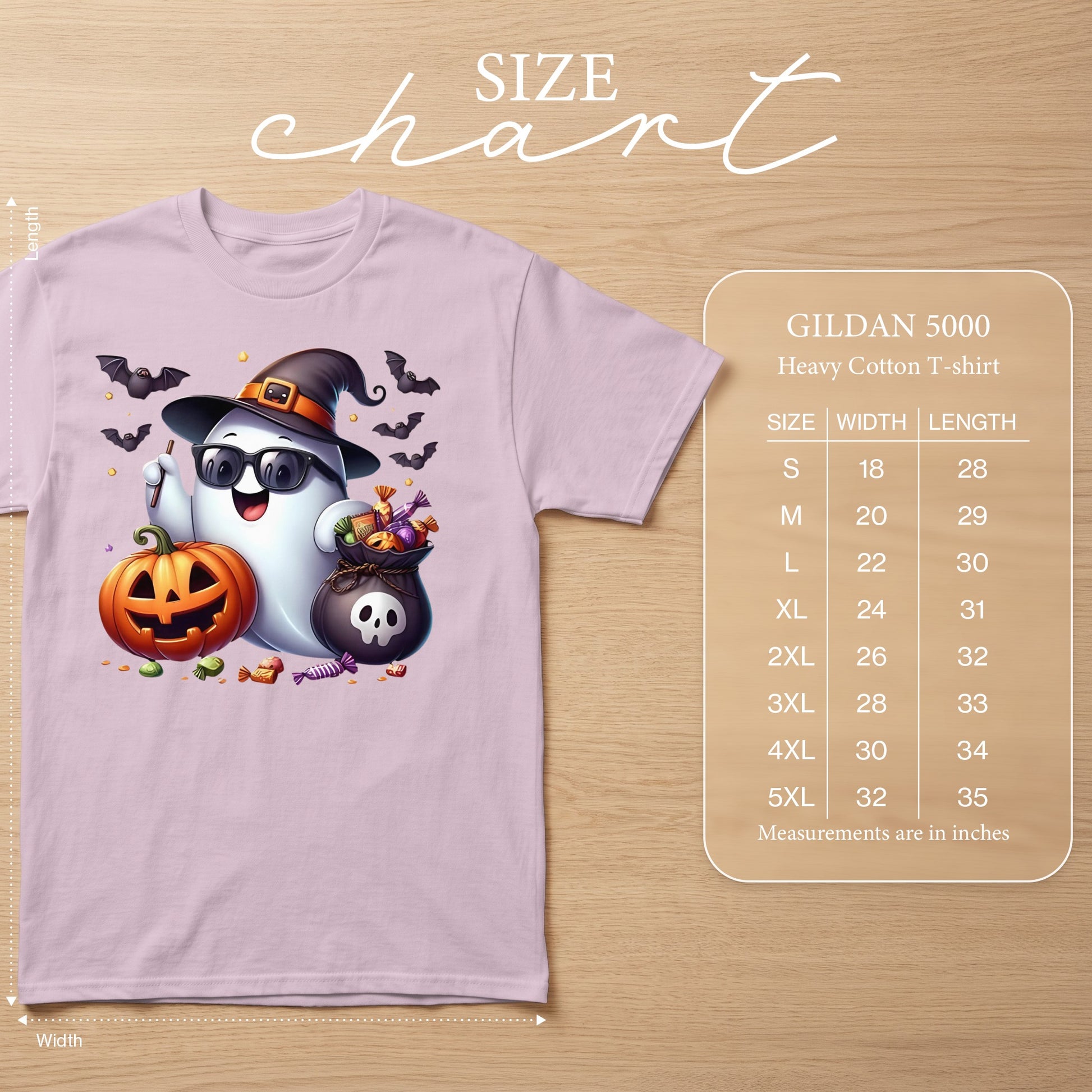 Ghost with witch hat, sunglasses, pumpkin, candy bag, and bats. Size chart included.