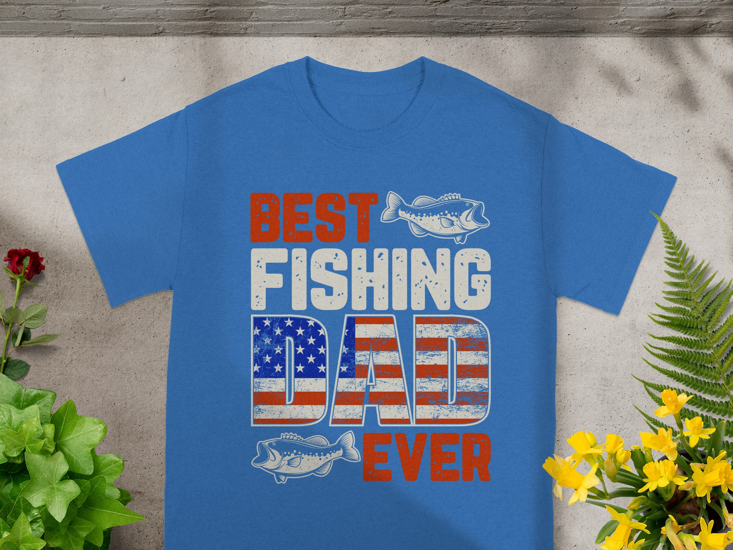 Blue t-shirt with "BEST FISHING DAD EVER" text and fish graphic.