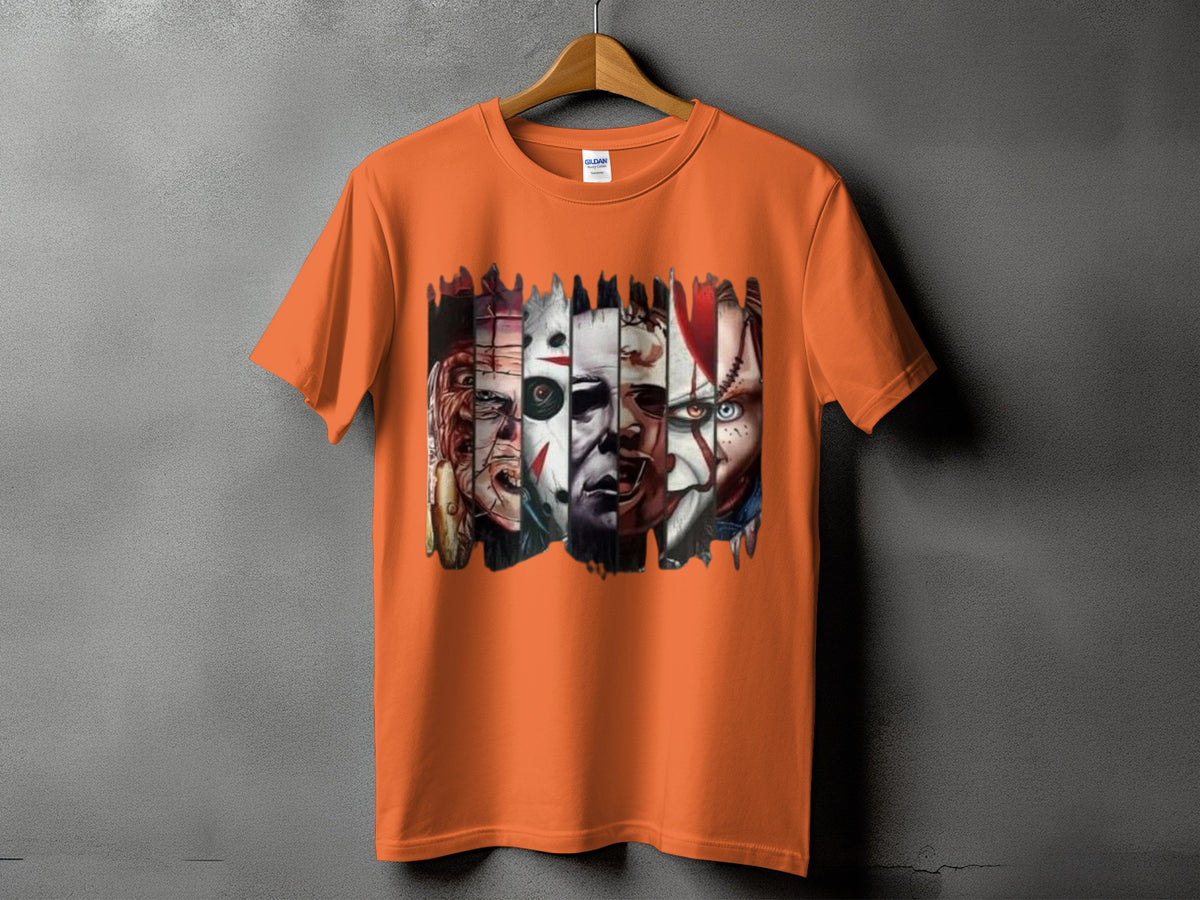 Orange t-shirt with a collage of horror movie characters on the chest.