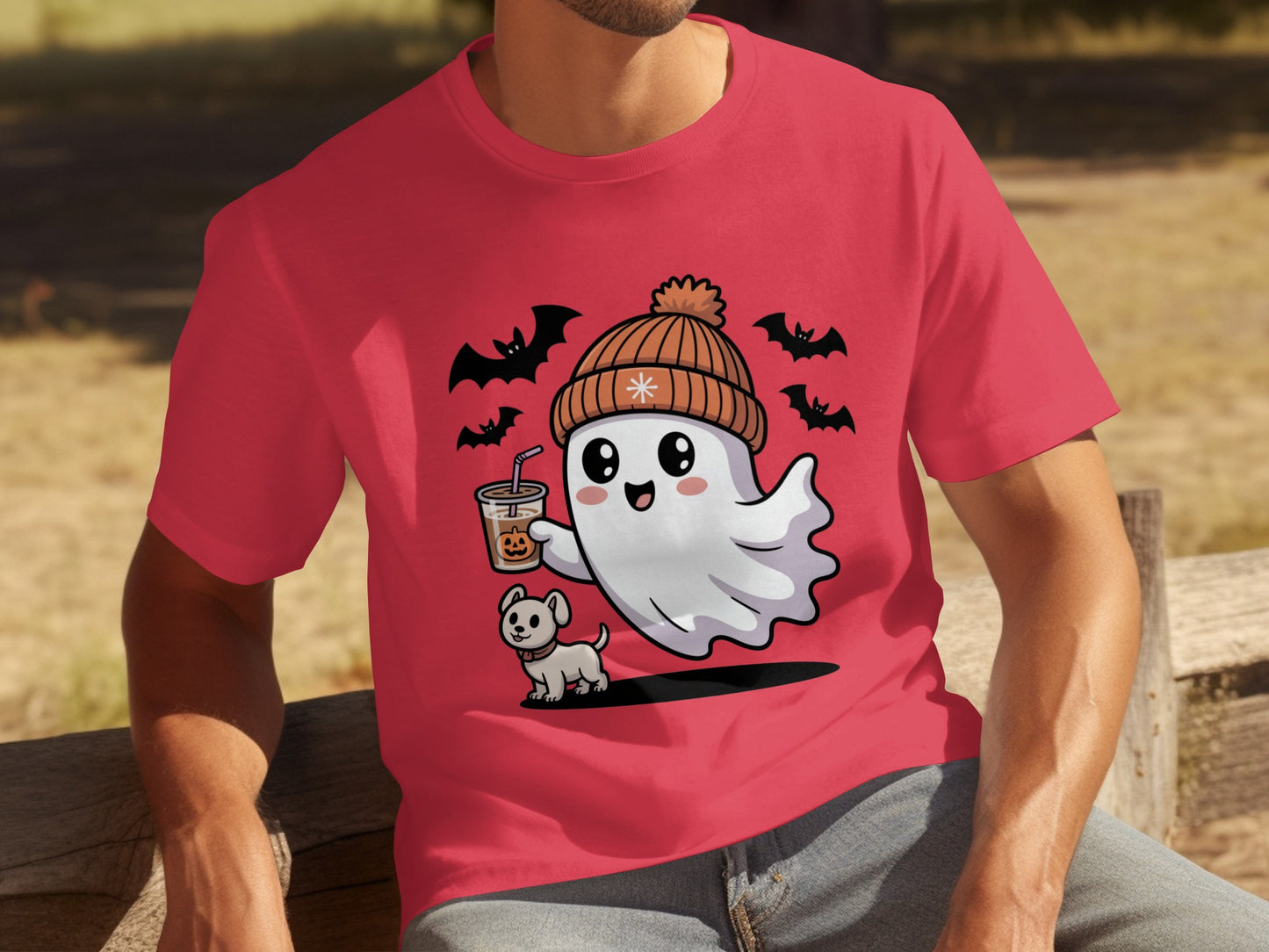 Halloween Ghost with Beanie and Dog Graphic T-shirt