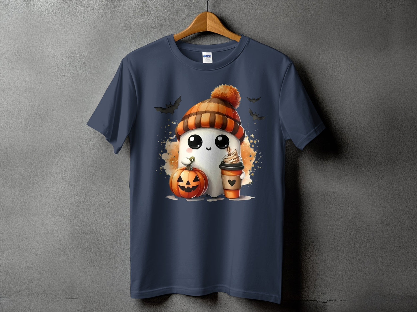 Cute ghost with pumpkin and coffee on a dark blue t-shirt with bats.
