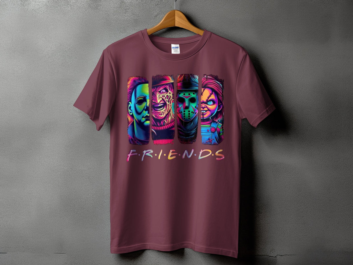 T-shirt with Freddy Krueger, Jason Voorhees, Michael Myers, and Chucky figures above "FRIENDS" text.