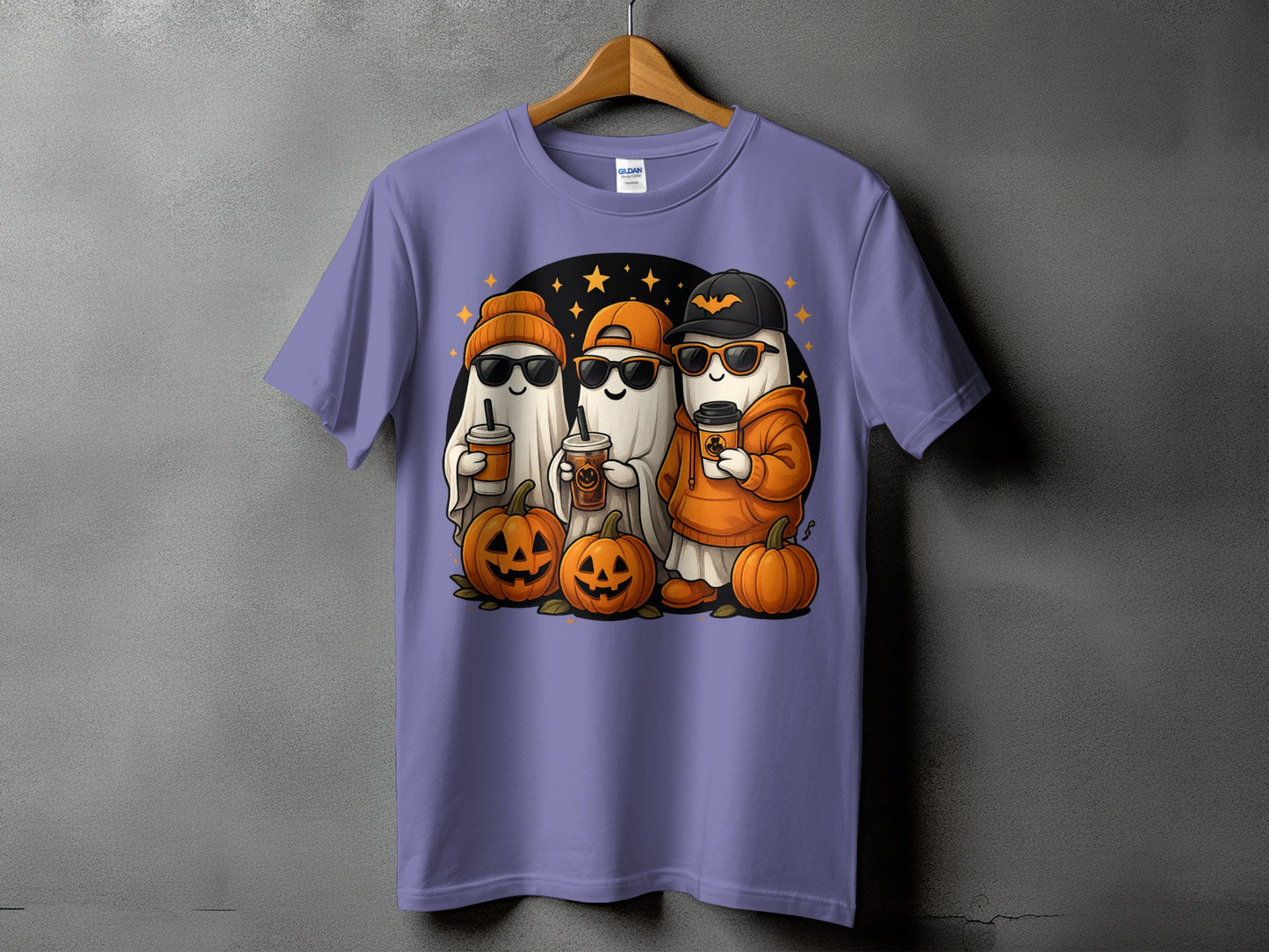 Three ghosts in Halloween costumes and sunglasses hold coffee cups with pumpkins.