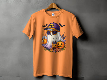 Ghost with sunglasses, cap, and drink surrounded by pumpkins and flowers.