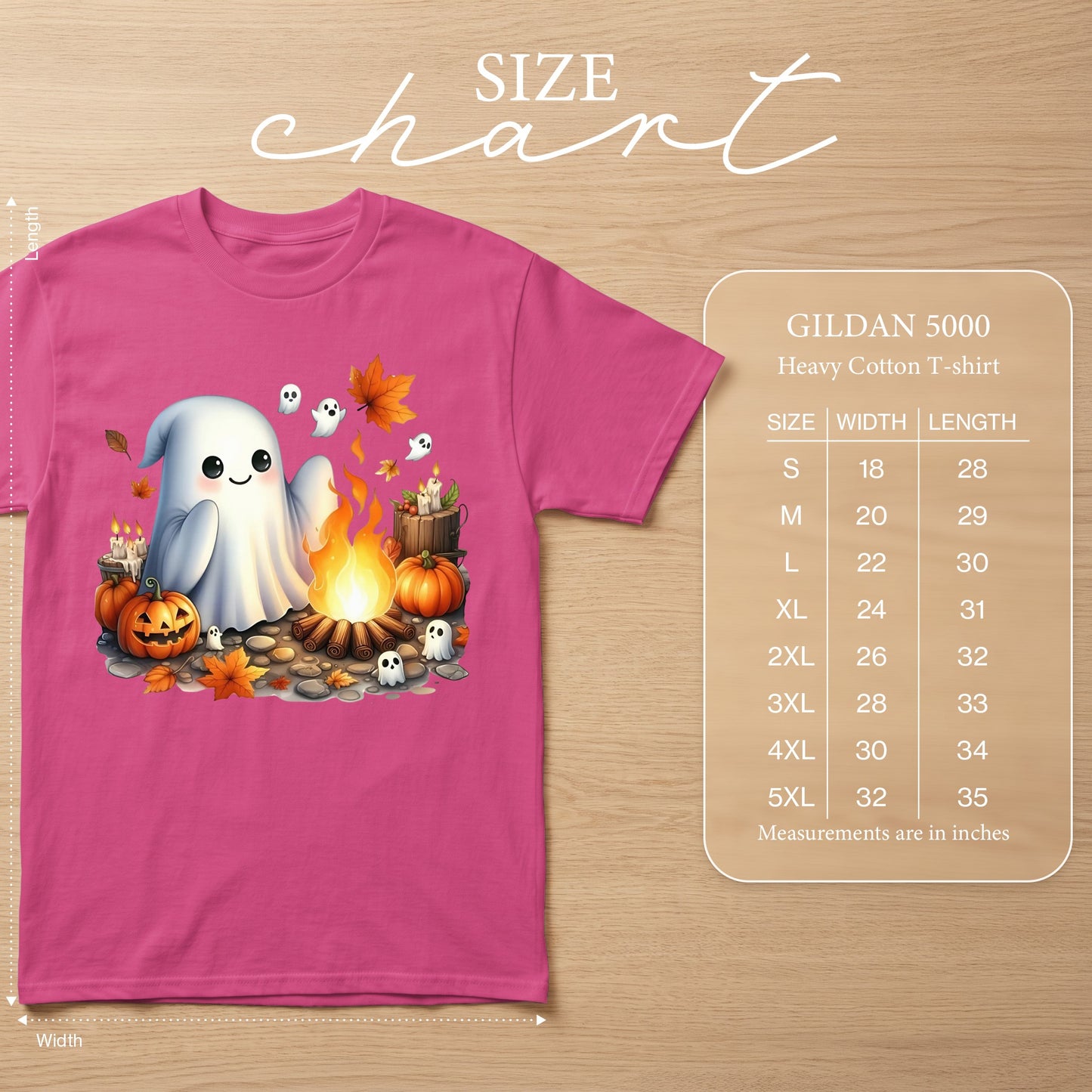 Pink t-shirt with cartoon ghost, pumpkins, and campfire graphic. Size chart included.