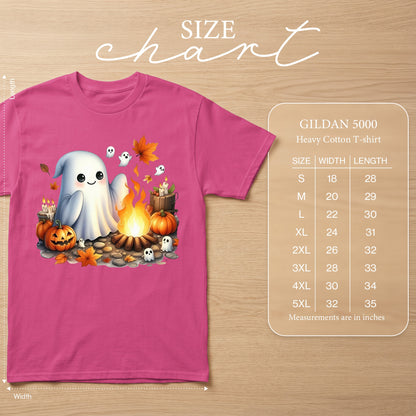 Pink t-shirt with cartoon ghost, pumpkins, and campfire graphic. Size chart included.