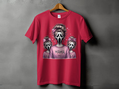 Red t-shirt with "MAMA" and two ghost figures wearing pink bows.