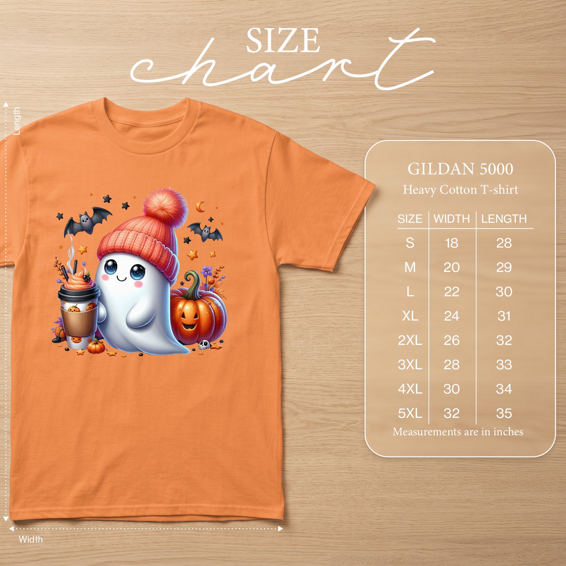 Orange t-shirt with cute ghost, pumpkin, bats, and coffee graphic. Includes Gildan 5000 size chart.