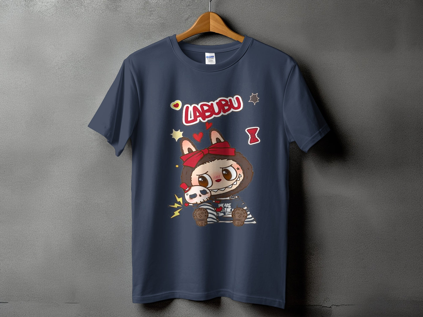 Dark blue t-shirt with "LABUBU" text and a cartoon character holding a skull.