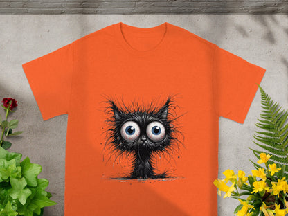 Fluffy Wide-Eyed Cat on Bright Orange T-Shirt Product