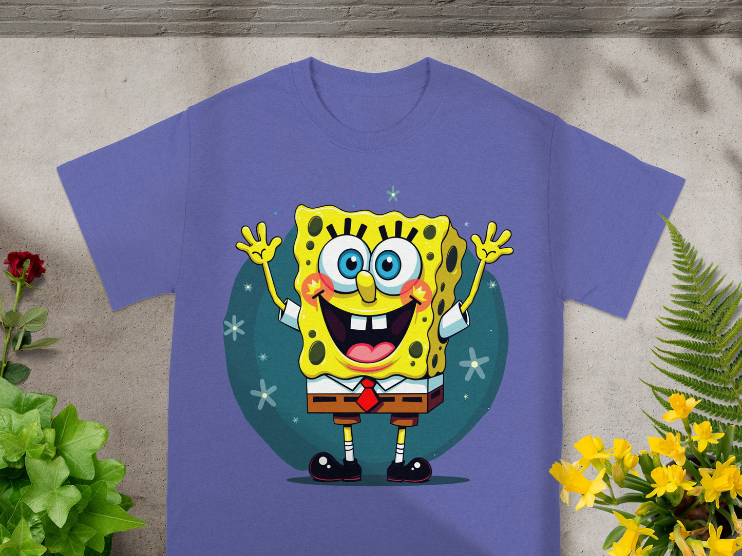 Purple t-shirt with Spongebob Squarepants graphic print.