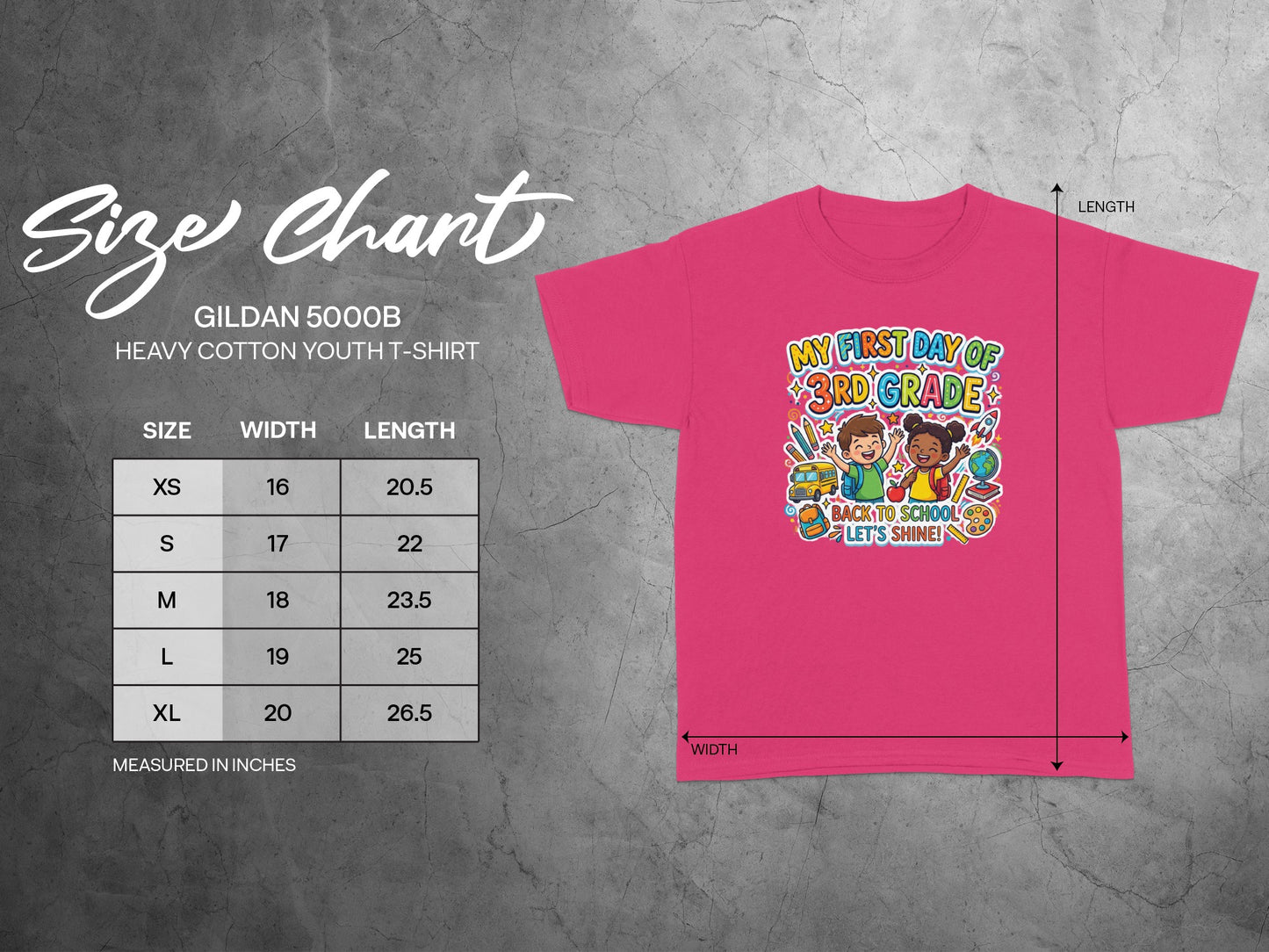 Gildan 5000B youth t-shirt size chart with measurements in inches for width and length.