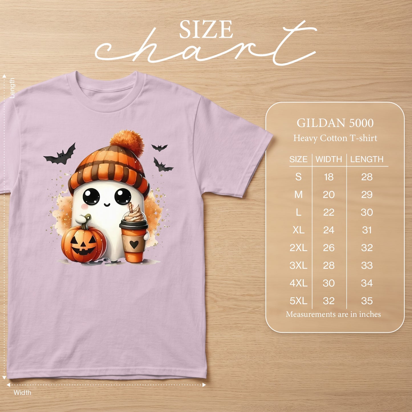 Halloween ghost with pumpkin and coffee, Gildan 5000 size chart.