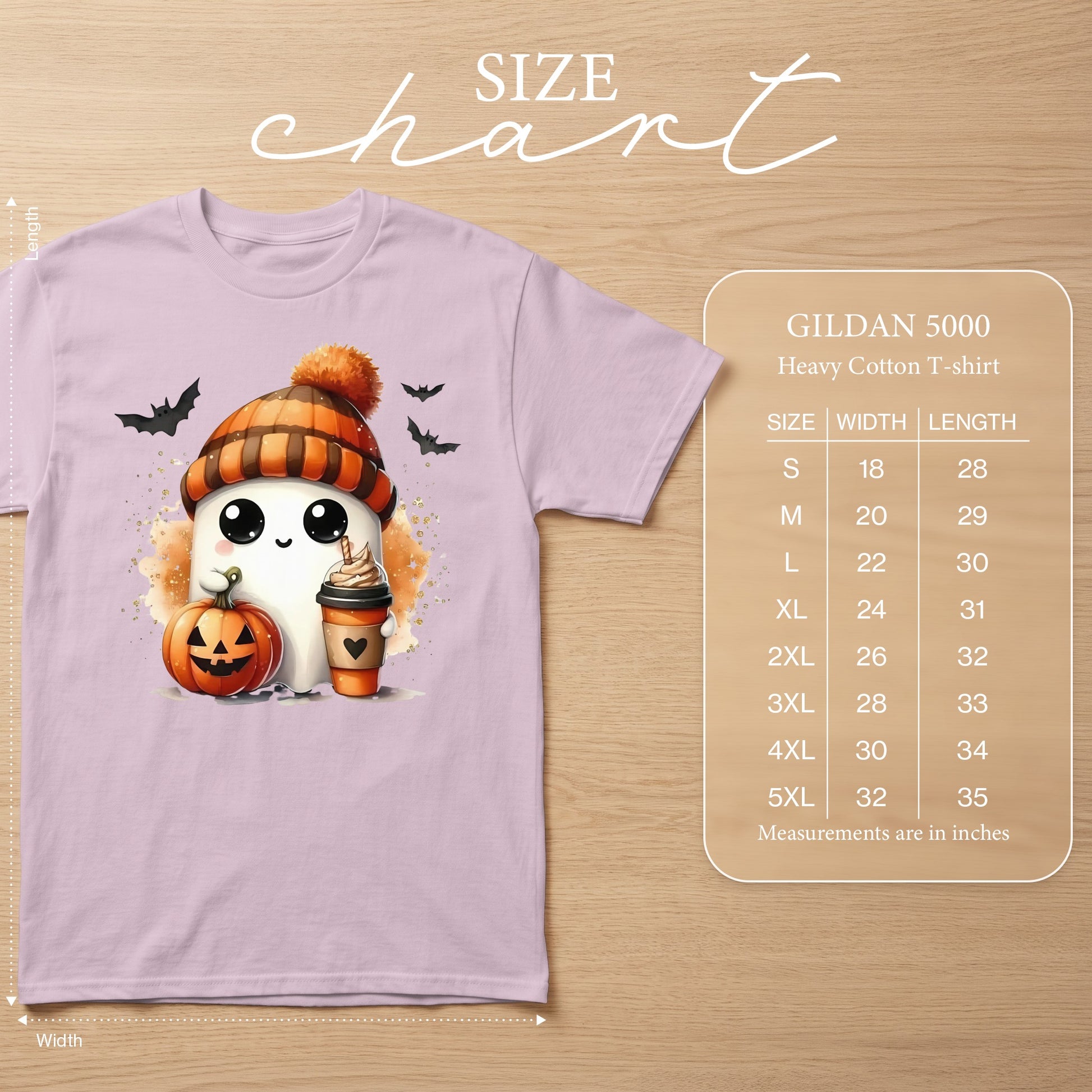 Halloween ghost with pumpkin and coffee, Gildan 5000 size chart.