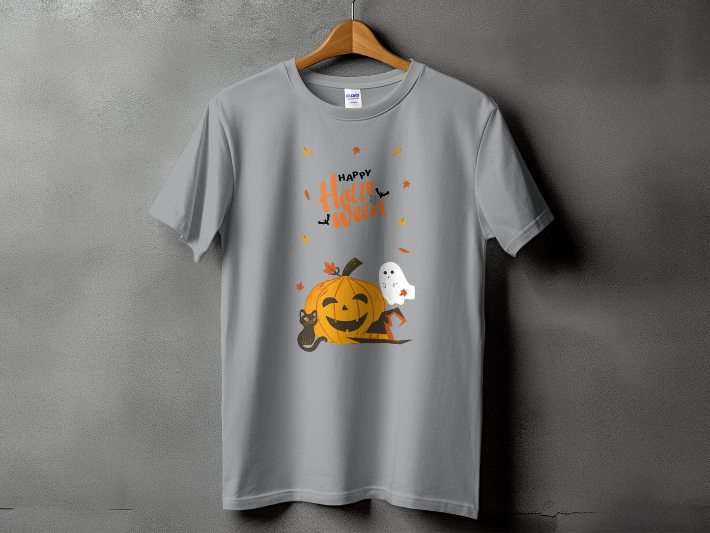 Grey t-shirt with "Happy Halloween" text, pumpkin, ghost, cat, and hat graphic.