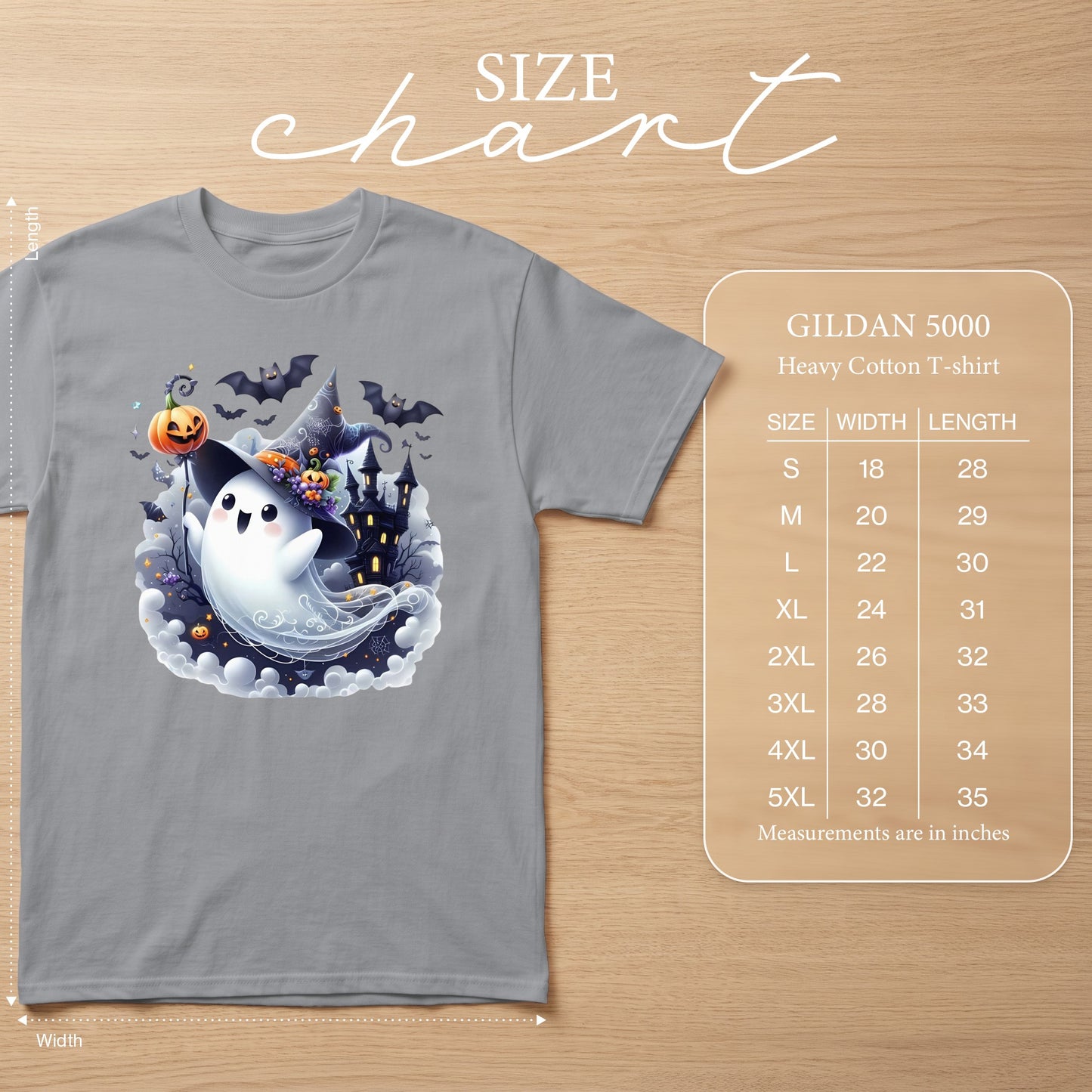 Gildan 5000 Heavy Cotton t-shirt size chart with width and length measurements.