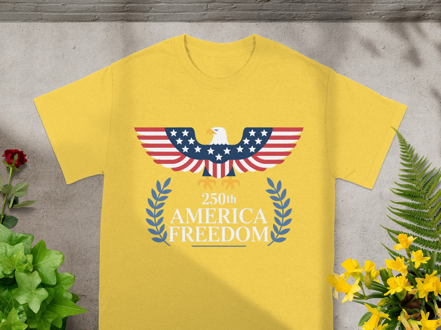 Yellow t-shirt with eagle and "250th America Freedom" text.