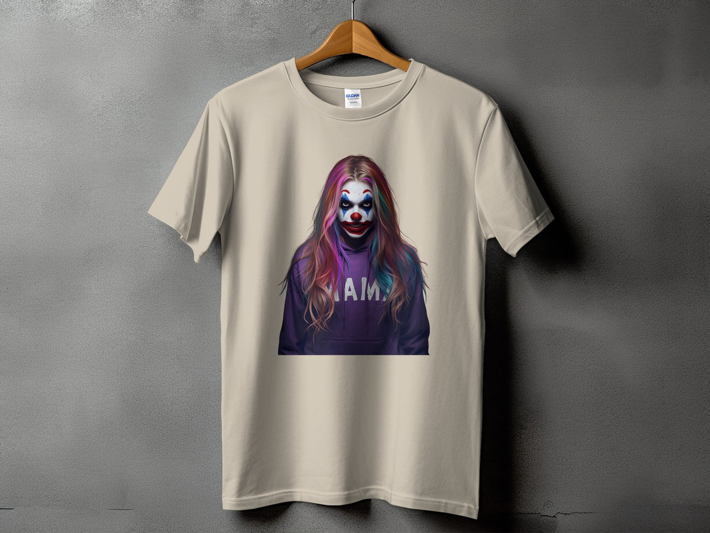 T-shirt with clown graphic wearing a purple hoodie with "AMA" text.