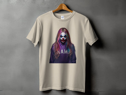 T-shirt with clown graphic wearing a purple hoodie with "AMA" text.